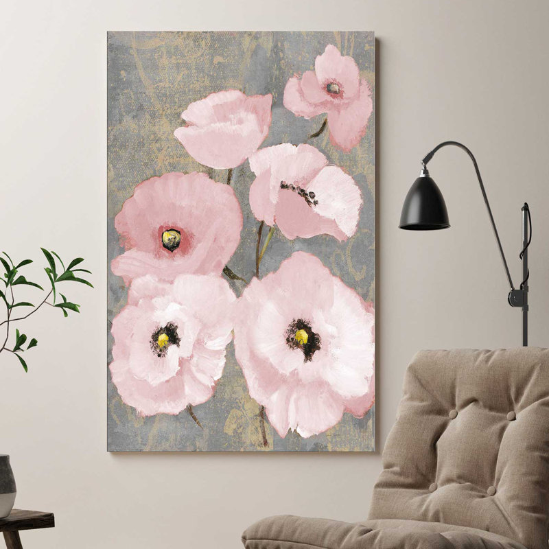«Kindle's Blush Poppies II», reproduction sur toile en rose / gris / noir, H 48 po x l 28 po x P 1,5 po, Toile tendue