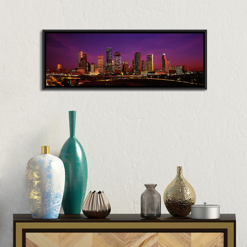 " Buildings Lit Up At Night, Houston, Texas, USA " by Panoramic Images, 12" H x 36" W x 1.5" D, Black Framed Canvas