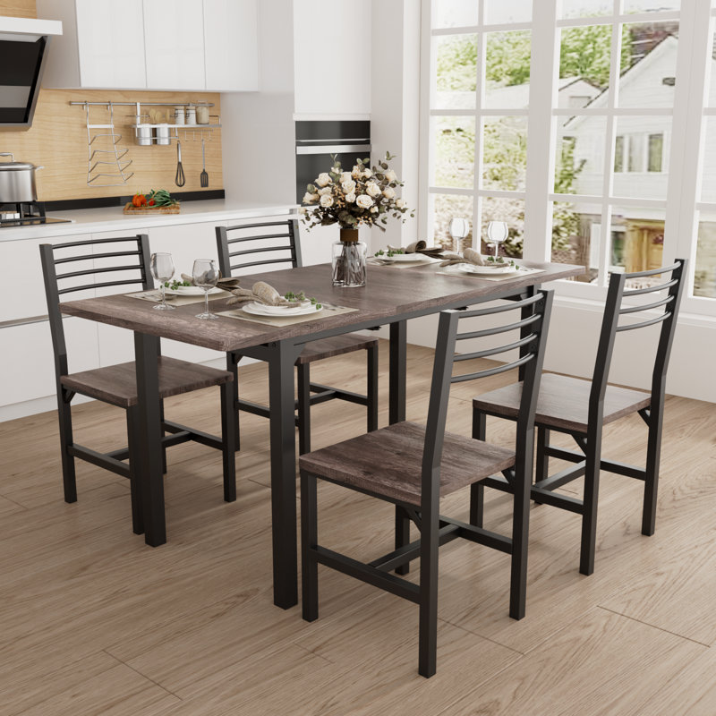 5 Piece Extendable Dining Set, 47”- 63” Extendable Dining Table With 4 Chairs, Kitchen Table Set With Mdf Wood Board And Metal Frame, For Small Space, Grey Oak
