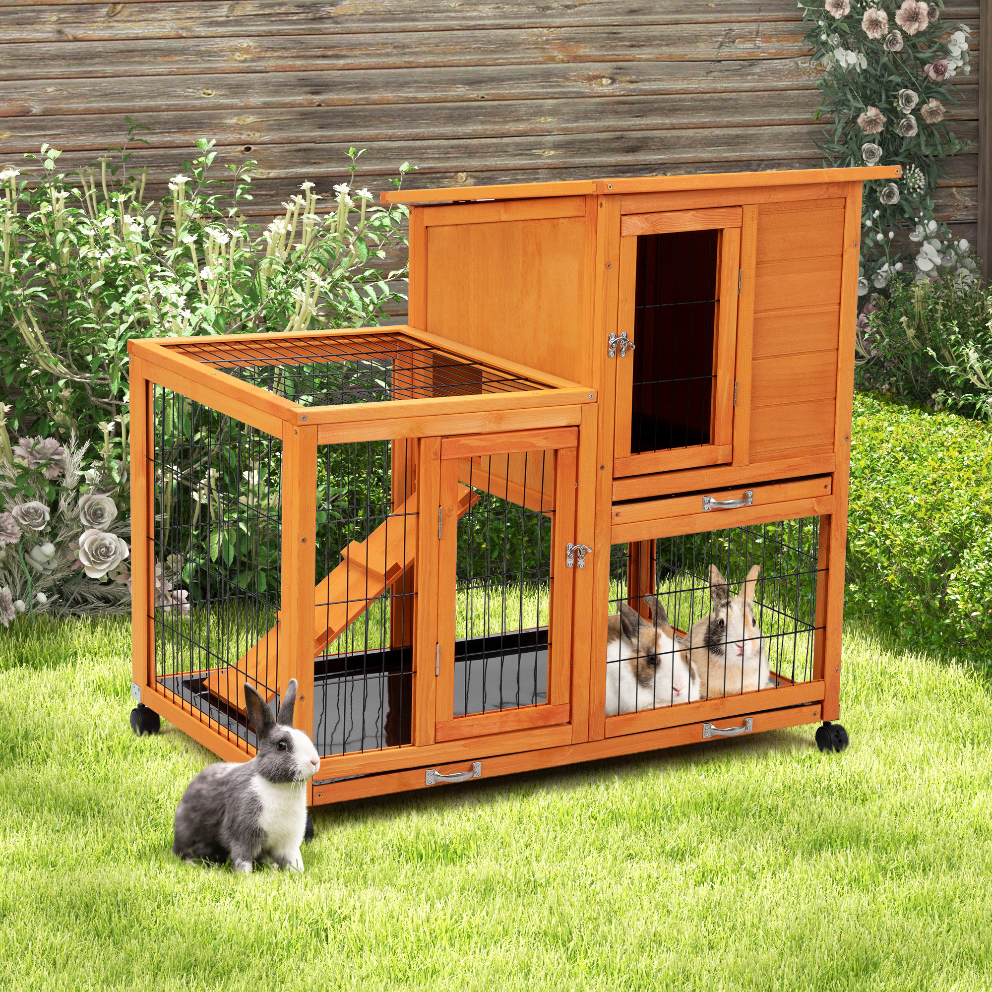 Bunny Pen Indoor/Outdoor Wood Rabbit Hutch, Bunny Cage W/Slide-Out