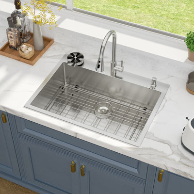 33" L x 22" W Drop-In Kitchen Sink Single Bowl Sink 16 Gauge Stainless Steel Sink with Pull Out Kitchen Faucet, Soap Dispenser and Cup Washer