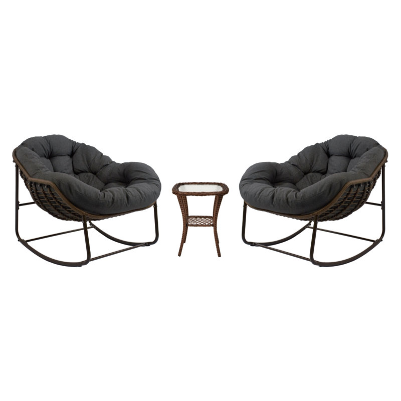 Outdoor Ladena Rocking Rattan Chair With Cushions And Rattan Coffee Table, Dark Gray