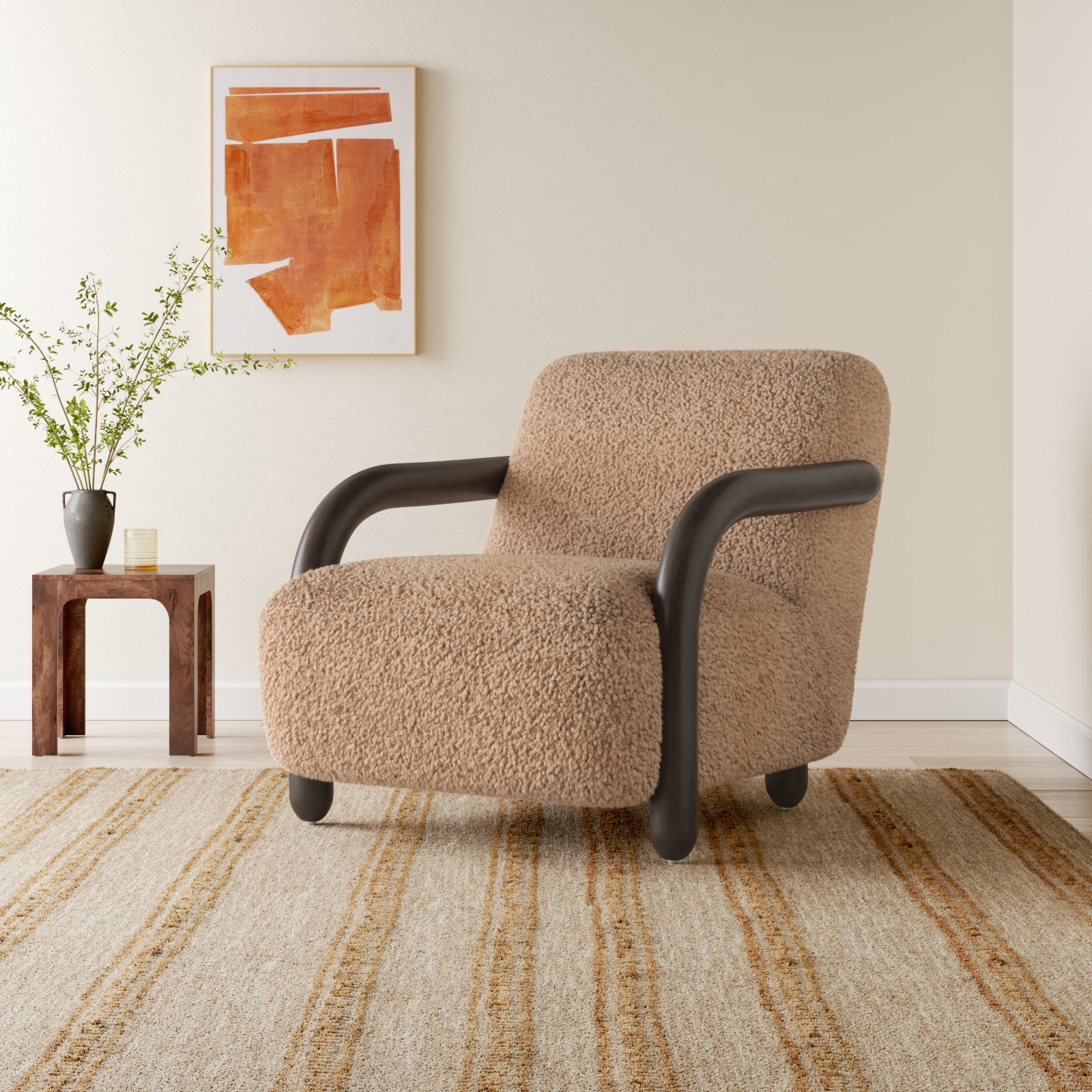 Risco Shearling Accent Chair, Andes Toast Polyester, Burnt Birch, Burnt Birch