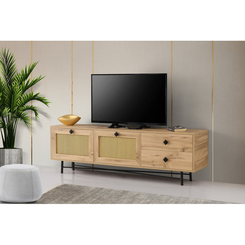 Meuble télé moderne avec option de fixation murale, chêne et noir, 70,9 x 23,6 x 15,7 pouces | 100% panneau de particules enduit de mélamine, épaisseur: 0,7 pouce | 2 tiroirs et plusieurs tablettes pour un rangement élégant, conception géométrique rustique