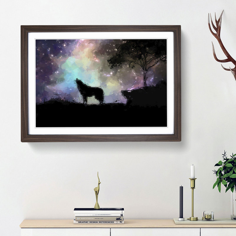 Howling Wolf with a Galaxy Forest in Abstract - Picture Frame Painting Print, Walnut Framed, 27cm H x 36cm W x 2cm D