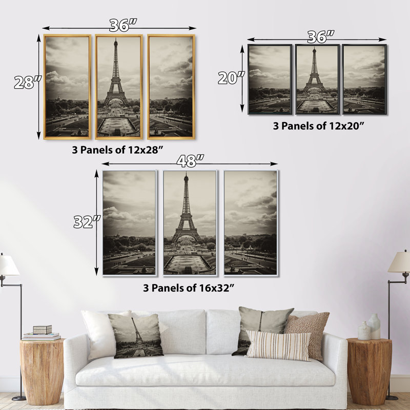 Vue rétro de Paris, France - 3 pièces, cadre photo flottant sur toile, H 32 po x l 48 po x P 1 po, Cadre doré