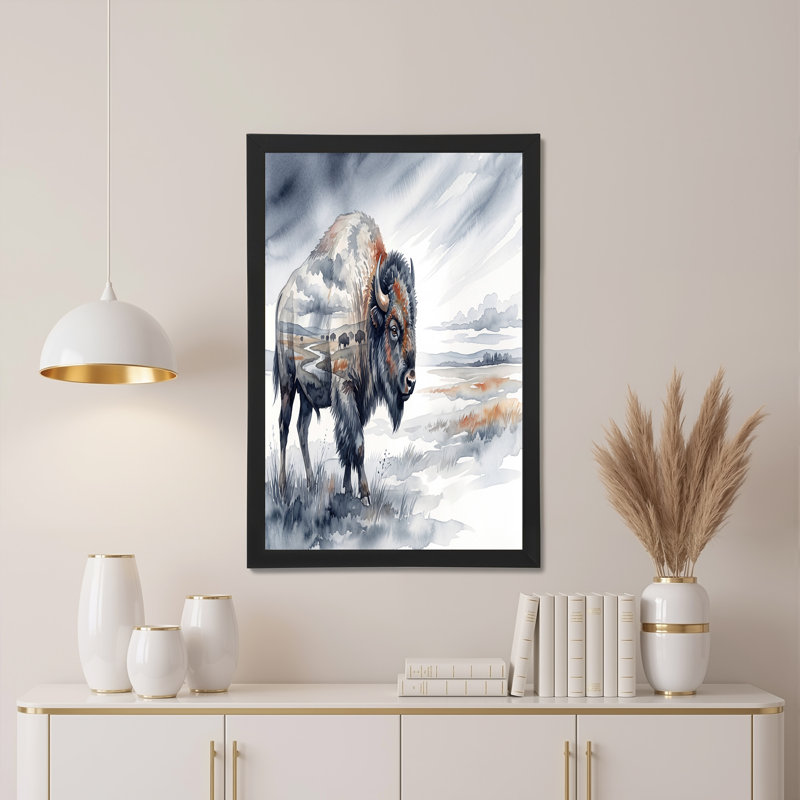 Bison en gris et rouille, aquarelle, double exposition, paysage sur toile, H 12 po x l 18 po
