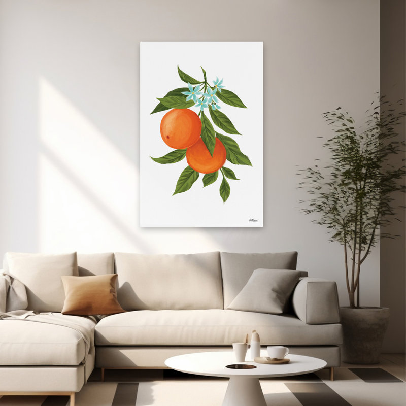 Oranges - Contemporary Oranges On Tree Branch Citrus Fruit Illustration Botanical Painting Art, 60" H x 40" W