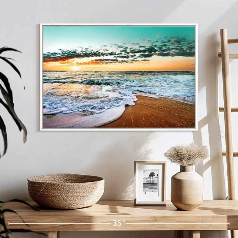 Plage rétro de Cancun, 25 po x 17 po, Cadre flottant blanc