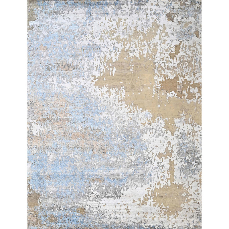 Hand Knotted Abstract Area Rug in Beige/Silver