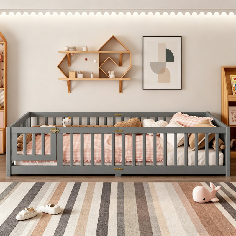 Floor Bed, Wooden Toddler Bed Frame With Safety Guardrails, Door And Slat Support, Low Profile Kids Floor Bed For Boys Girls, No Box Spring Needed(Natural/Grey/White)
