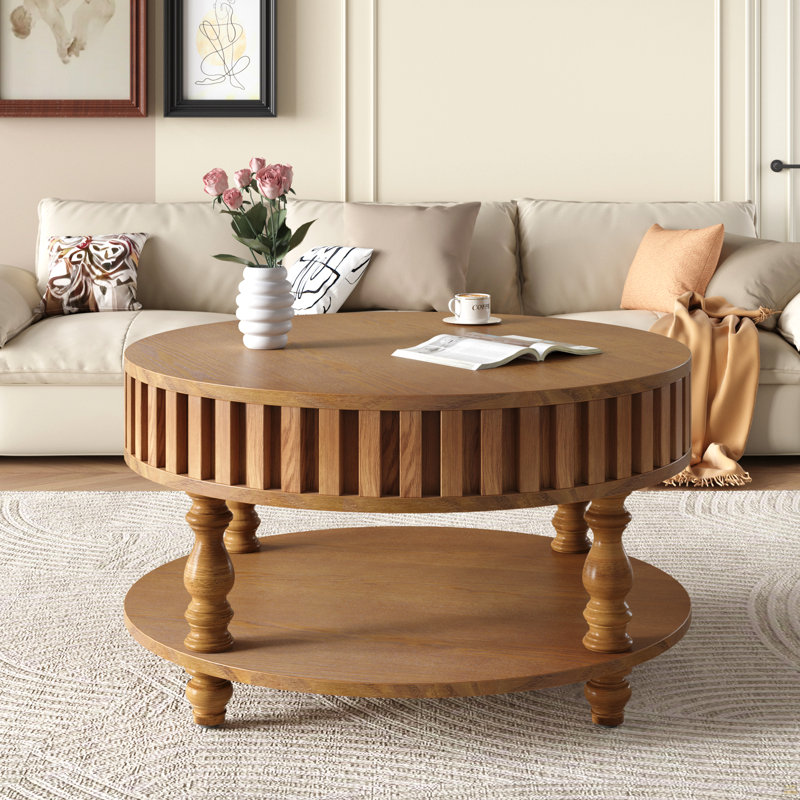 Table basse cannelée avec rangement et couvercle rabattable, table centrale brun rustique, Walnut Brown
