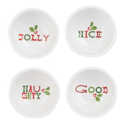 The Holiday Aisle® Holiday Ceramic Decoration Bowls, Nice, Good, Naughty, & Jolly (Pack of 4)