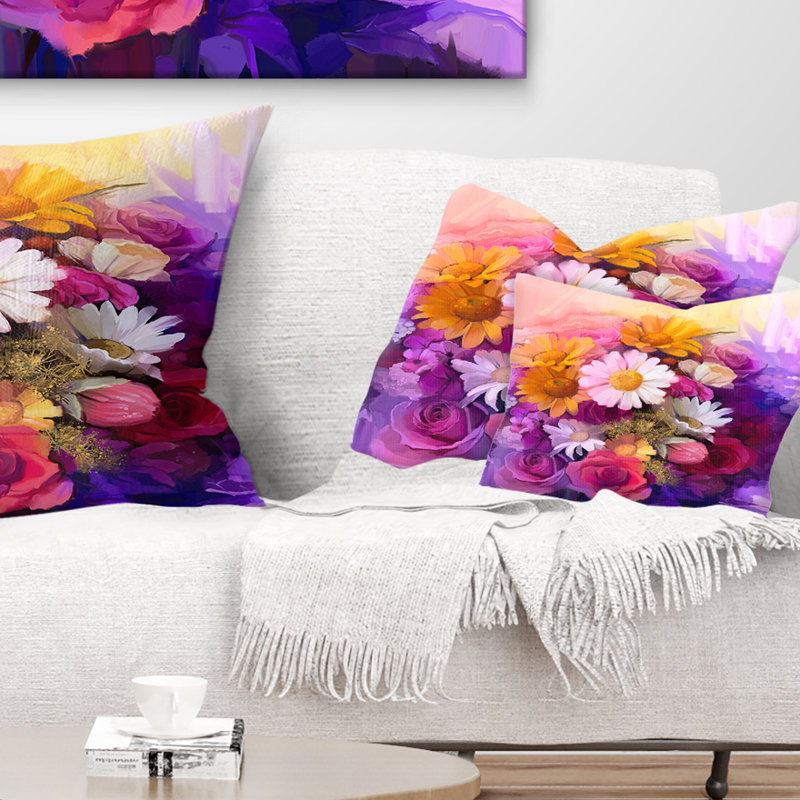 Coussin floral avec bouquet de fleurs différentes, 12 po x 20 po, Rectangle