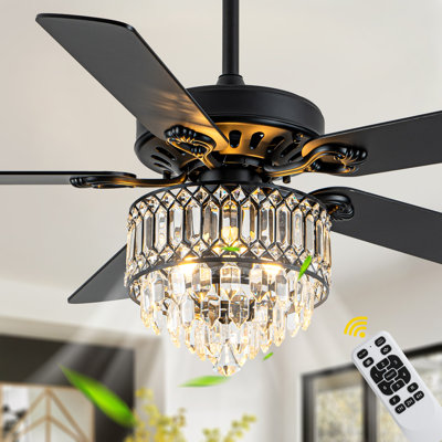 Ventilateur de plafond chromé cristal de 132 cm avec éclairage et télécommande, moteur CC, 6 vitesses, style lustre, pour chambre ou salon.