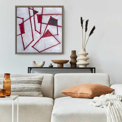 White Abstract Canvas - Red Outlines Shapes Home Decor Art