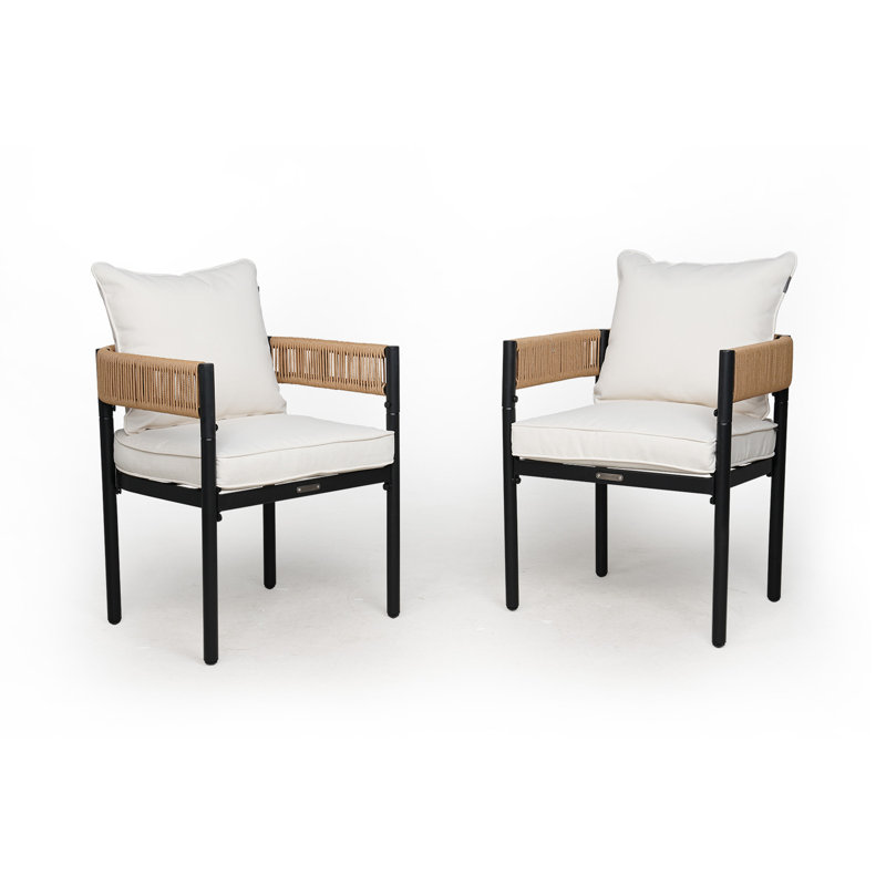 Alessandra 22.75" W Wicker and Steel 2-Piece Weather Resistant Dining Chair Set with Cushions, White/Natural