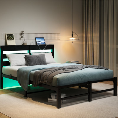 Full Metal Bed, Headboard With , Storage, No Box Spring For Bedroom Heavy Duty Size Lights, Storage Shelf, Calming Nighttime
