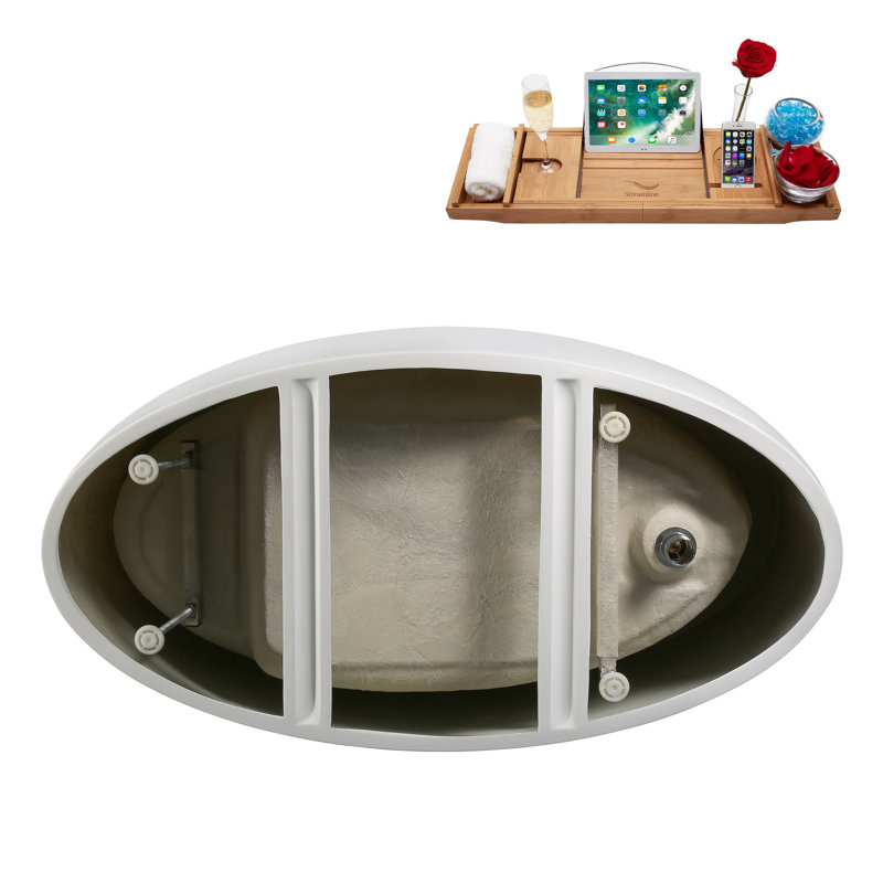 Baignoire autoportante en acrylique blanc brillant 59 po, plateau en bambou, drain, Laiton brossé