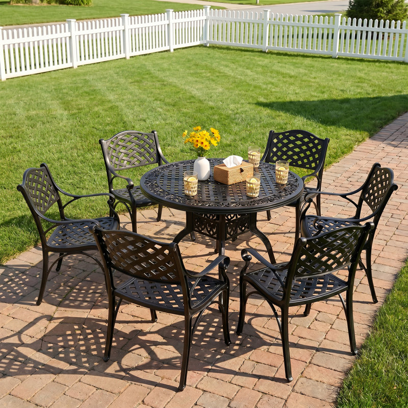 5 Piece Modern Outdoor Dining Set, Cast Aluminum Patio Table And Chairs, 48" Round Table With Umbrella Hole, Black, Black