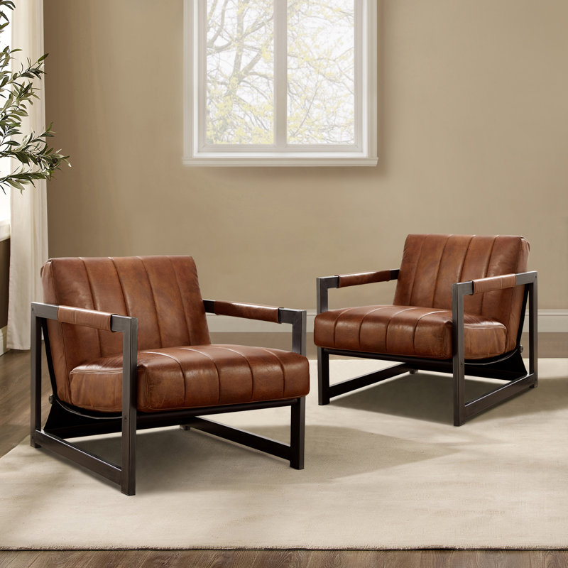 26.55" W Full Grain Genuine Leather Cowhide Lounge Chair, Cognac Genuine Leather