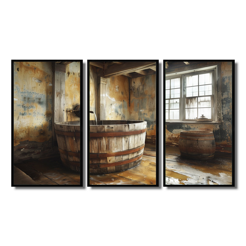 «Brown Rustic Bathroom Charm I», ensemble de reproductions d'art mural rustique, H 28 po x l 36 po x P 1 po