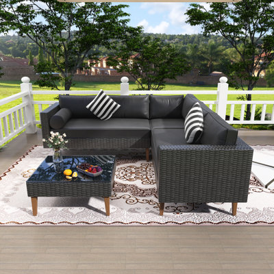 Nawaal 81.1'' Wide L-Shaped Wicker Patio Sectional Set with Cushions