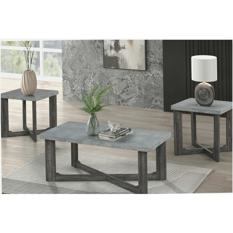 Ensemble de 3 tables basses de forme rectangulaire et 2 tables de bout carrées à pieds croisés de style contemporain gris