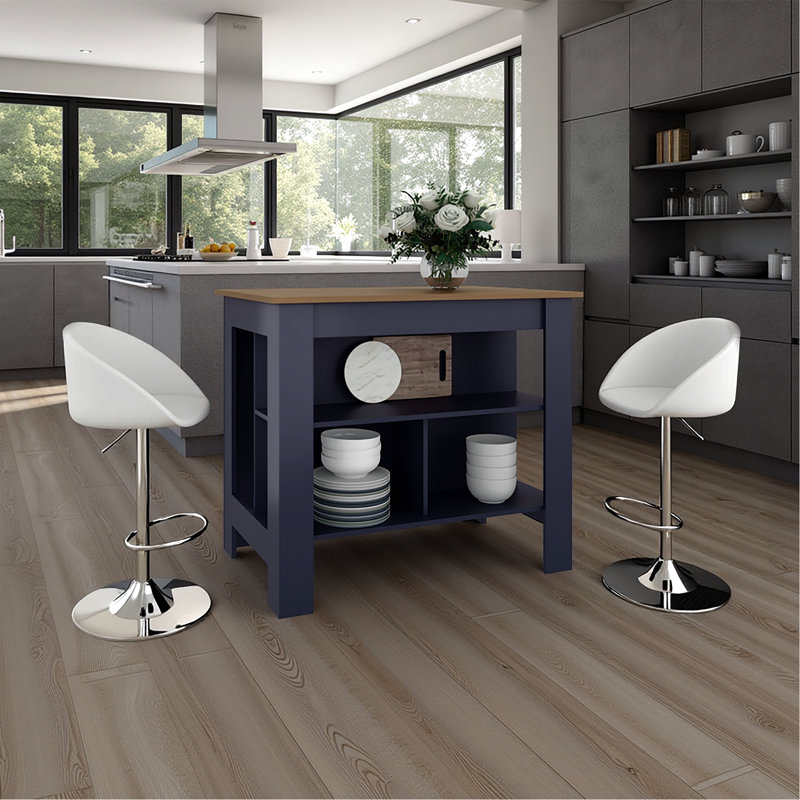 Îlot de cuisine moderne bleu marine avec trois tablettes, un plateau large pour le travail, une conception à quatre pieds, une excellente préparation de repas dans la salle à manger, un panneau de particules, des tablettes ouvertes de 76 lb et une tablette