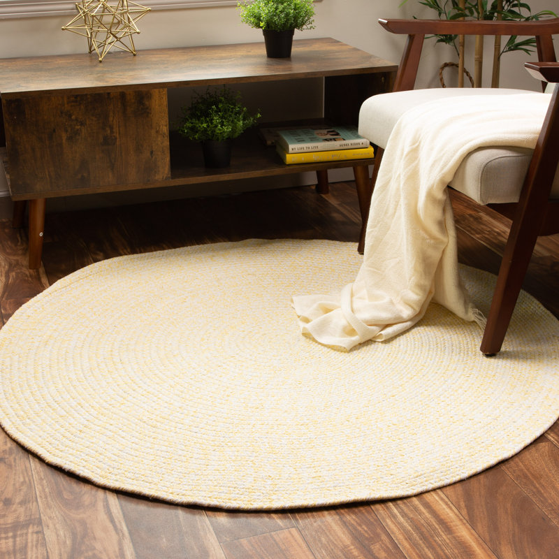Etherton Farmhouse Hand Braided Cotton Yellow / Ivory Area Rug, Round 6'