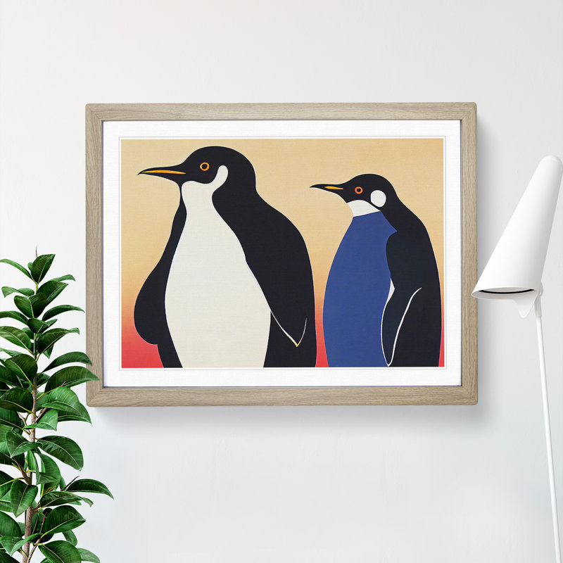 XH1022-9018X The Two Penguins Vol.1 Abstract 1 Piece Single Picture Frame Wall Art, 34cm H x 46cm W x 2cm D, Oak