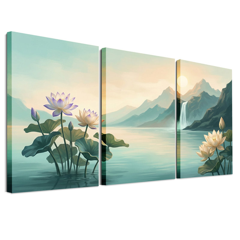 Ensemble de 3 toiles de lotus mauves et crème par Mountain, H 18 po x l 12 po x 3 pièces