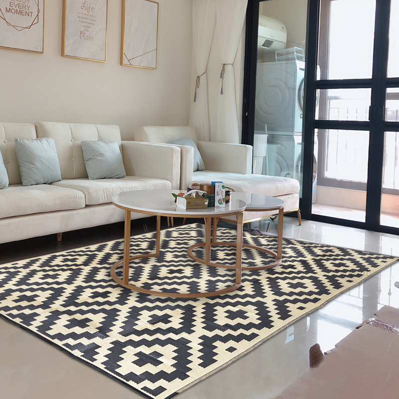 Tapis intérieur / extérieur noir / beige, Rectangle 9 pi x 12 pi