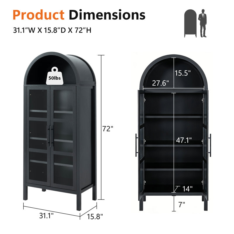 72 Inch Tall Rustic Arched Cabinet Display Cabinet, Wood Kitchen Pantry Cupboard, 2 Arched Glass Doors,  With Storage And Adjustable Shelves For Dining Room, Living Room