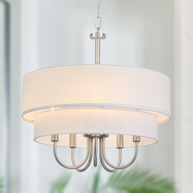5 - Light 18" W Modern Fabric Tiered Drum Shape Dimmable Chandelier For Dining Room Bedroom Foyer, Nickel