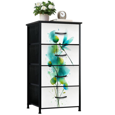 Commode pour la chambre à coucher avec 4 tiroirs de rangement Libellule colorée Aquarelle floral Libellule bleu sarcelle Ailes transparentes Commode Commode en acier avec cadre en tissu pour vestibule