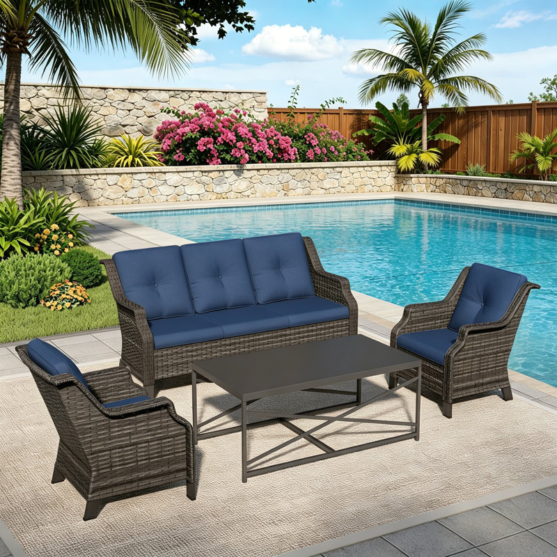 4-Piece PE Wicker Patio Furniture Set, 3-Seat Sofa,2 Chairs,Coffee Table & Blue Cushion, Blue