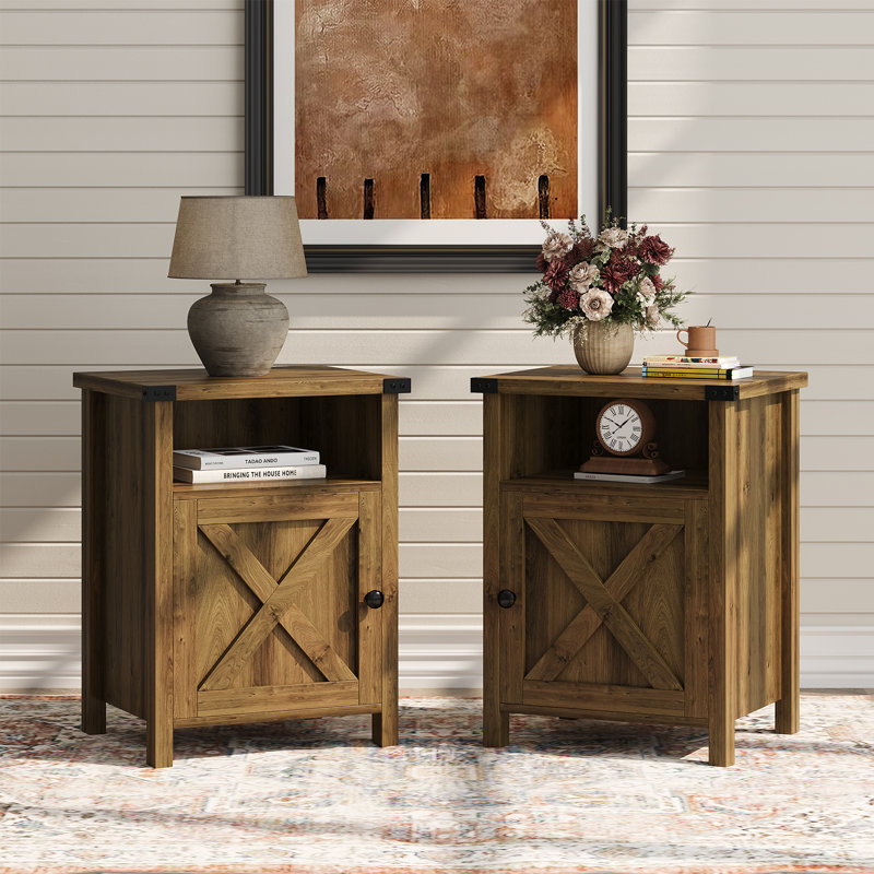 Farmhouse Nairoby Nightstand, End Table, End Tables with Barn Door and Shelf, Modern Bed Side Table Rustic Nightstands Set for Bedroom, Living Room ﻿