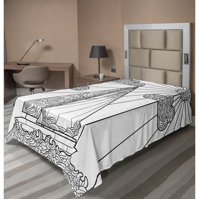 Ambesonne Nautical Top Flat Sheet Doodle Boat on Waves Black White, California King Flat Sheet