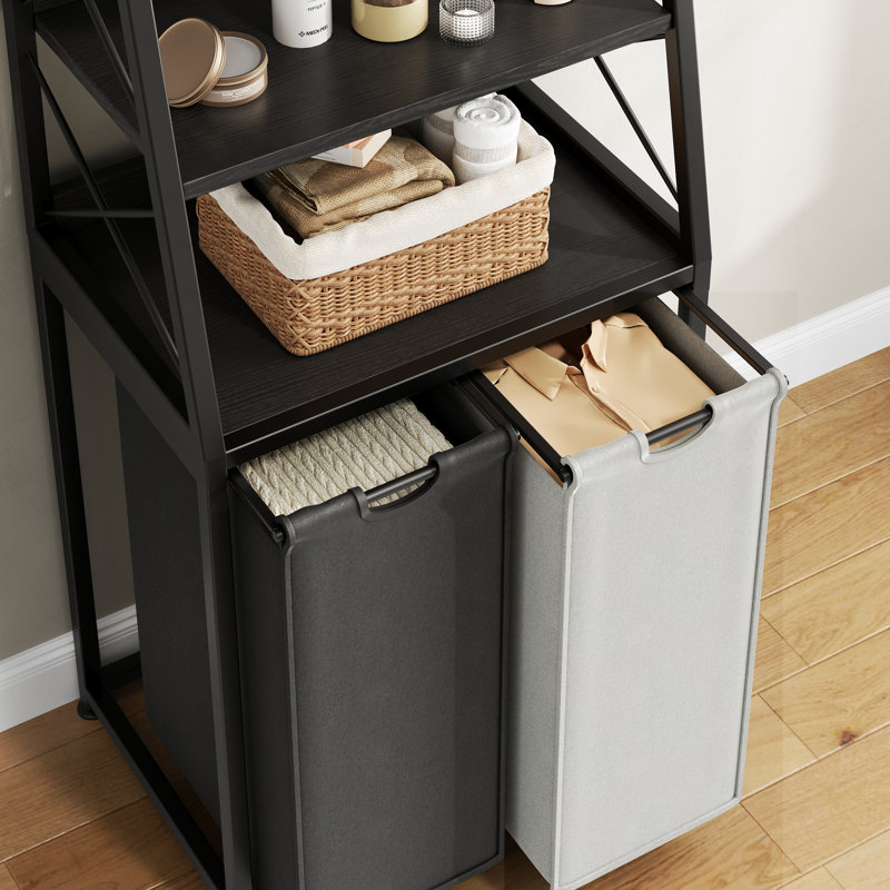 Laundry Basket, 2 Section Laundry Hamper With 4 Tiers Shelf, Pull-Out And Removable Laundry Bags, Large 2 X 15.87 Gallons, For Bedroom Bathroom Black Pf11Xlk
