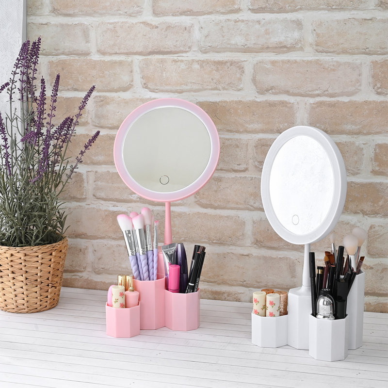 Organisateur de maquillage avec miroir DEL rechargeable pour le maquillage, brosses, Blanc