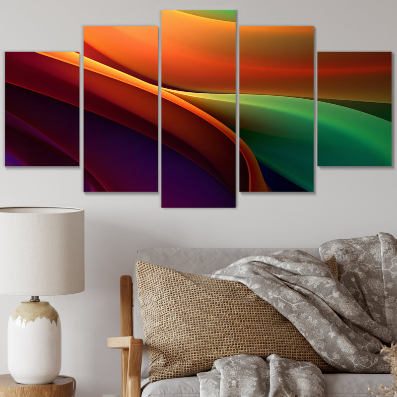 Spectre de courants orange et vert - fractales, reproduction sur toile - 5 panneaux