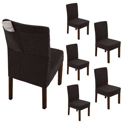 Soft Jacquard Chair Covers Set With Built-In Back Pocket/Storage Bag - Set Of 6 Removable Washable Slipcovers For Parson Chairs