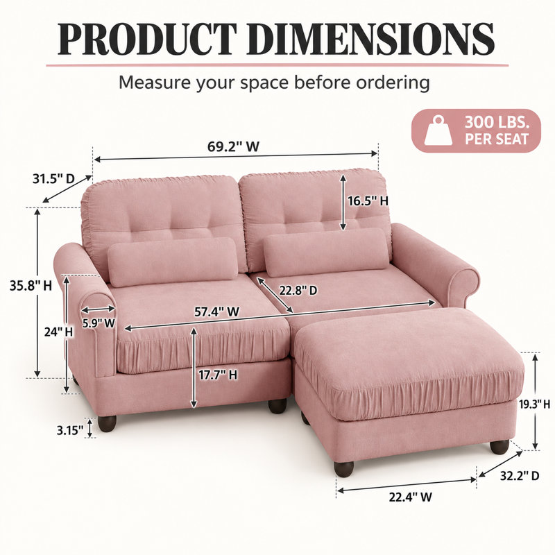 Canapé modulable 2 places Rovesselle en chenille de 176 cm de large avec pouf, coussins à volants et coussins lombaires, Pink