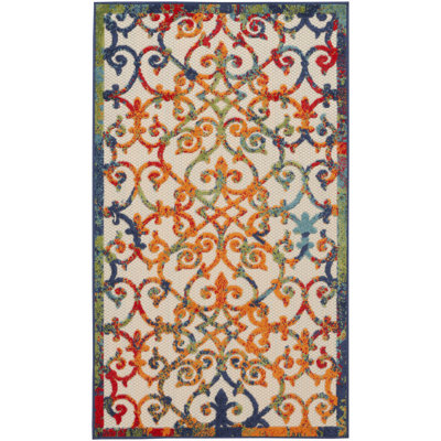 3' X 5' Orange Blue And Green Damask Non Skid Indoor Outdoor Area Rug