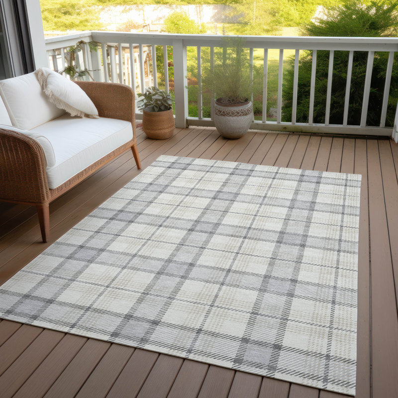 Silver Rectangular Washable Synthetic Plaid Area Rug 46" x 30"