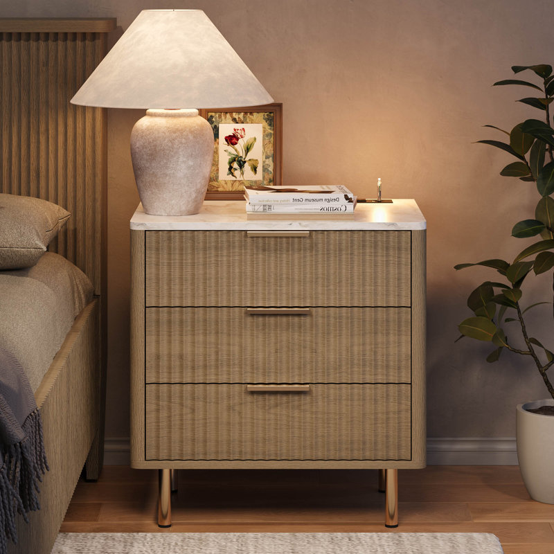 Smart Nightstand With Faux Marble Top, Charging Station, Voice-controlled Led Light And 2 Drawers, Natural/White