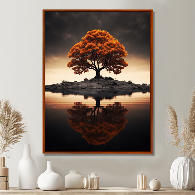 Arbre de sagesse d'automne au milieu du lac - Art mural chêne, Toile avec cadre flottant brun, H 40 po x l 30 po x P 1,5 po
