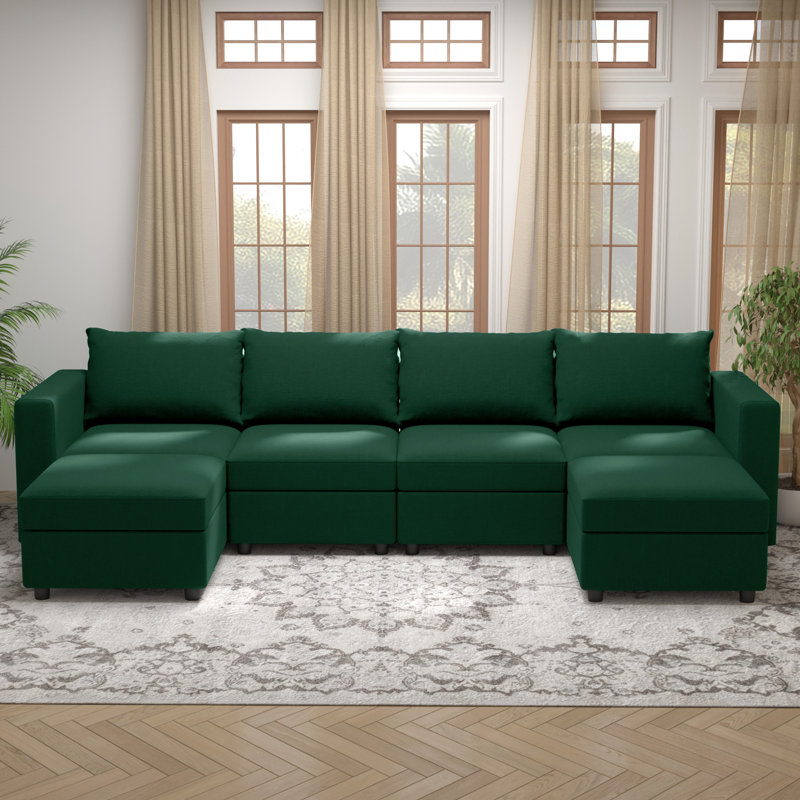 BOX MODULE STO SOFA 116'' 6 Piece Upholstered Modular Sectional Sofa with Storage, Green Cotton Blend