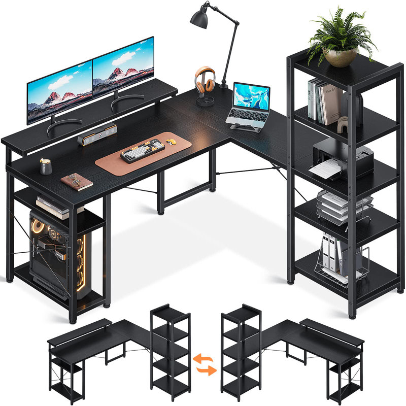 Galini L-Shaped Metal Base Writing Desk, Black